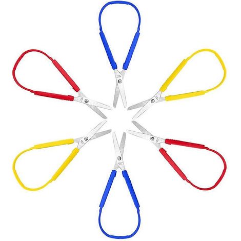 Lot de 6 ciseaux à boucle, à poignée ergonomique, colorés, à ouverture automatique et adaptatifs, pour enfants, adultes, maison, bureau, école (1/5)