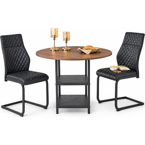 ELVMI Set Tavolo e Sedie con 1 Tavolo Rotondo e 2 Sedie, Stile Industriale, MDF, Metallo e Pelle PU, Nero e Noce (1/5)