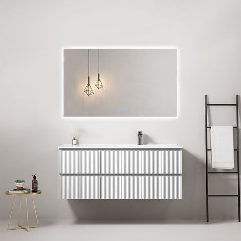 Mobile bagno sospeso cannettato 120 cm Bianco Lavabo a Destra in Ceramica Specchio Quadro Retroilluminato - Fiji Paint (1/3)