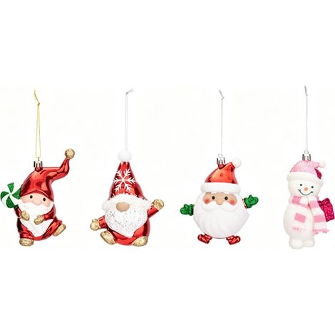 Adornos colgantes con forma de Papá Noel, elfos y muñecos de nieve adornos navideños brillantes con cordón para colgar (Juego de 4) (1/4)