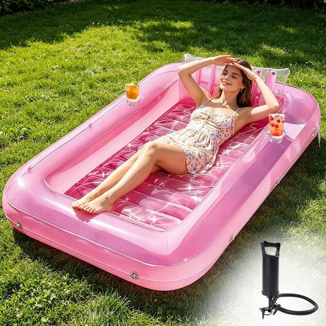 Matelas Gonflable Piscine, 178 x 116 cm Flotteur de Piscine Adulte pour Bain de Soleil, Piscine Bronzage pour Adultes avec Porte-gobelet et Appui-tête pour Fêtes de Plage, Rose (1/5)