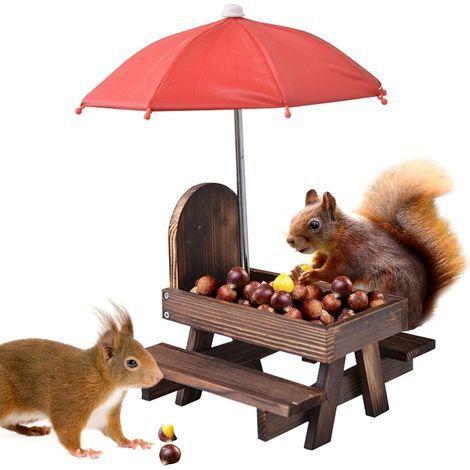 Mangeoire pour écureuils avec parapluie : table de pique-nique en bois avec support en épis de maïs, résistant aux intempéries pour écureuils Chipmunk Wildlife (1/5)
