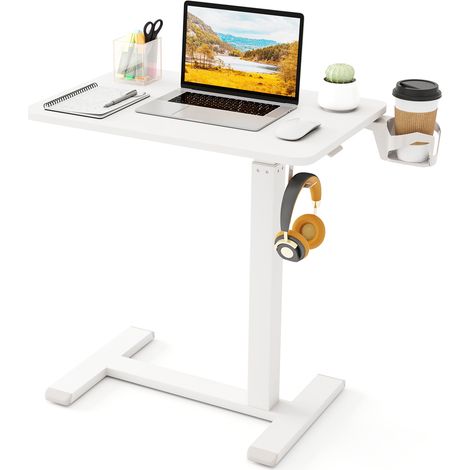 Table de Lit pour Ordinateur Portable, Table Roulante pour Lit, Bureau Pneumatique Réglable en Continu 65,5-100 CM, Porte-Gobelet, Crochet, Blanc (1/5)