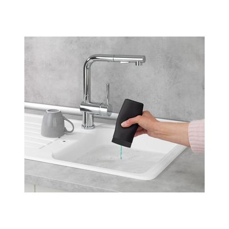 Distributeur de liquide vaisselle Easy Squeez-e pour la cuisine WENKO, haut de gamme, dosage facile, distributeur de savon en silicone anti-fuite, contenance 250 ml, 6 x 14 cm, noir (1/5)