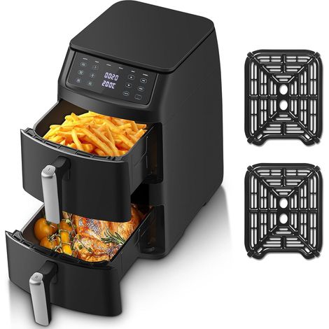 Double Stack Air Fryer, 11L Friteuse Verticale sans Huile à 2 Tiroirs, 2500W, 40–220°C, 6 Fonctions de Cuisson & 8 Programmes Préconfigurés pour une Cuisson Rapide et Saine, Design Compact