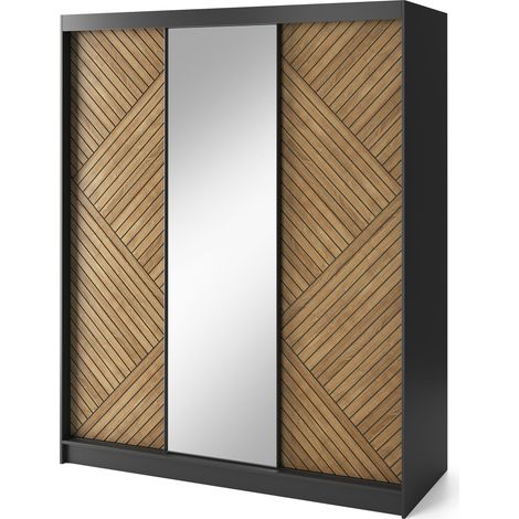 Armoire coulissante SOKAT avec miroir – Chêne caramel & noir mat 180 cm-Largeur 180 cm (1/5)
