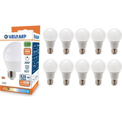 Ampoule LED, standard A60, culot E27, 9W (806 lumens équivalent à 60W), lumière blanche chaude 3000K, technologie SMD, faisceau 200 °, pack de 10 ampoules (1/5)