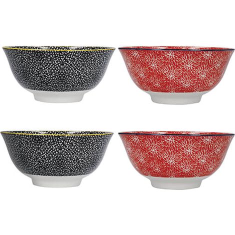 KitchenCraft Set of 4 Red and Black Design Ceramic Bowls (1/5)