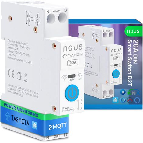 Nous Interruttore intelligente DIN 20A con Tasmota (ESP32), monitoraggio dell'energia, compatibile con MQTT, Home Assistant, Matter, controllo vocale con Alexa, Google Assistant (1/5)