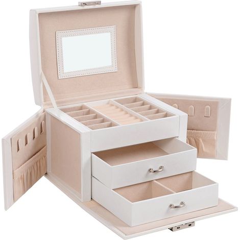 Joyero de viaje organizador de joyas portátil con 2 cajones espejo cerradura y llaves con cerradura 17,5 x 13,5 x 12 cm blanco 120004338