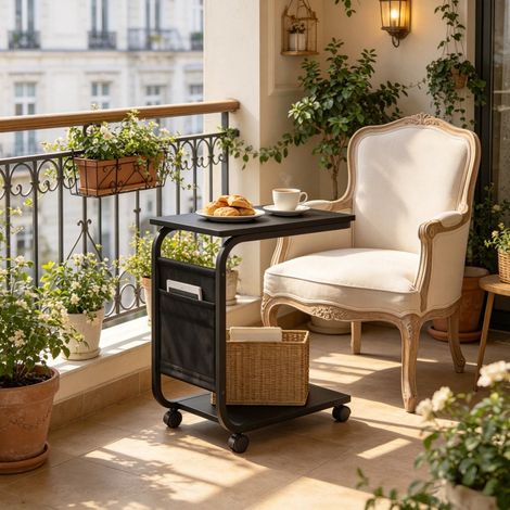 Table d'appoint en C sur roulettes - 50x35x62 cm - Bout de canapé fixe avec pochette de rangement en toile - Noir (1/5)