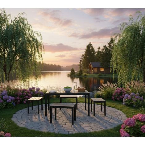 Dmora - Salón de Jardín Dmascar, Conjunto de jardín con 1 mesa rectangular y 4 bancos, Conjunto Pic Nic interior y exterior, 100% Made in Italy, Antracita (1/4)