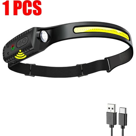 (1 pièce) Lampe frontale LED rechargeable USB avec capteur XPE+COB, lampe torche LED pour le camping, la recherche et la pêche. (1/5)