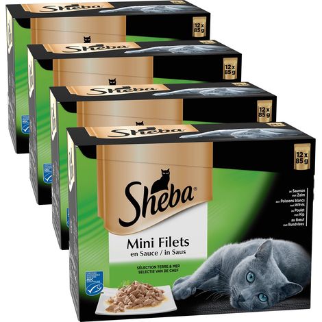 Sheba - Filettini in salsa per gatti adulti, cibo umido per gatti, selezione tera e mare (48 confezioni salva-freschezza da 85 g) (1/5)
