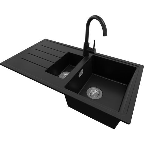 PRIMAGRAN Evier Cuisine en Granit 90x50cm, Lavabo 1,5 bacs + Robinet 32x20cm + Kit de Vidage, Évier à Encastrer au meuble 60cm - Copenhague Duo, Noir (1/5)