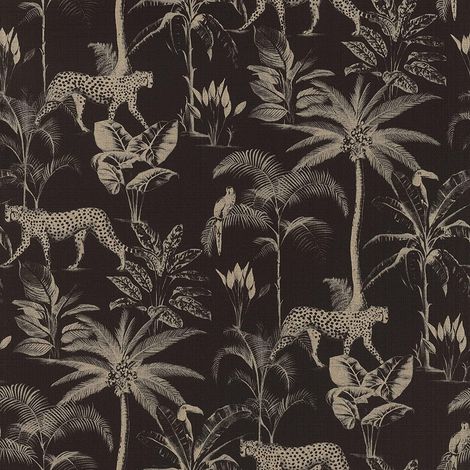Savannah Black Gold Wallpaper Textured Shimmer Cheetah Palm Tree Jungle Tropical