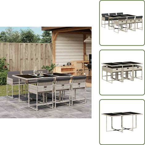 7-tlg. Garten-Essgruppe mit Kissen Hellgrau Poly Rattan - Gartentisch - Gartenmöbelset - Outdoor Möbel - Esstisch - Gartenlounge (1/5)