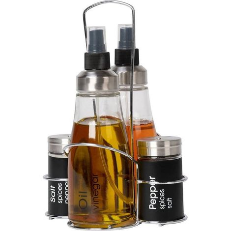 Trade Shop - Set Menage Contenitori In Vetro Acciaio 4 Pezzi Con Stand Accessori Per Cucina - (1/2)