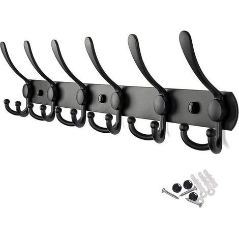 Perchero de pared de acero inoxidable, perchero de ganchos resistente, toallero (6 ganchos, negro) (1/4)