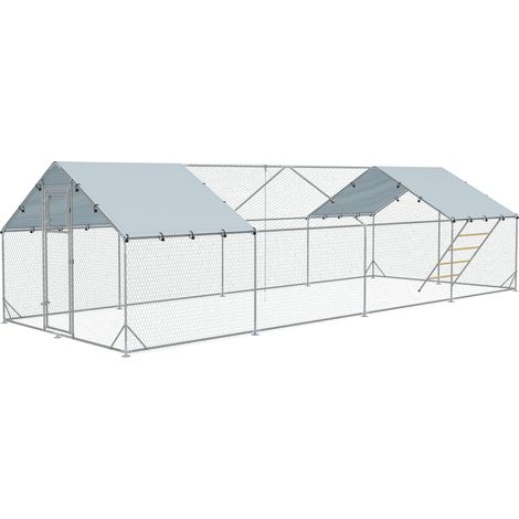 Poulailler enclos plein air bâche UV grillage acier mangeoire automatique 24-30 poules