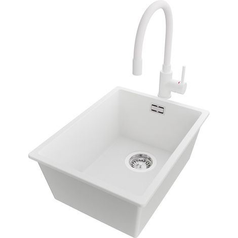 PRIMAGRAN Evier Cuisine en Granit 36x47cm,Lavabo 1 bac + Robinet 38x14cm + Kit de Vidage, Évier à Encastrer au meuble 40cm - London Slim, Blanc (1/5)