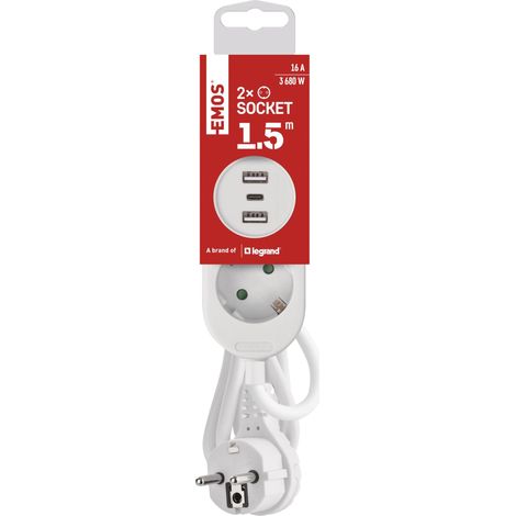 EMOS Ciabatta elettrica con USB, 2 prese e 3 porte USB, 2 x tipo A + 1 x connettore di tipo C, cavo di prolunga da 1,5 m, corrente di carica max. 3,4 A, protezione da contatto elevata, IP20 per (1/5)