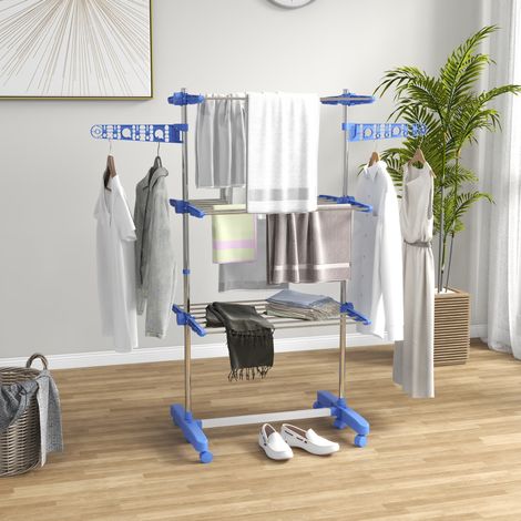Étendoir à linge mobile bleu en acier avec 6 roulettes, 3 niveaux, côtés réglables et structure pliable (1/5)