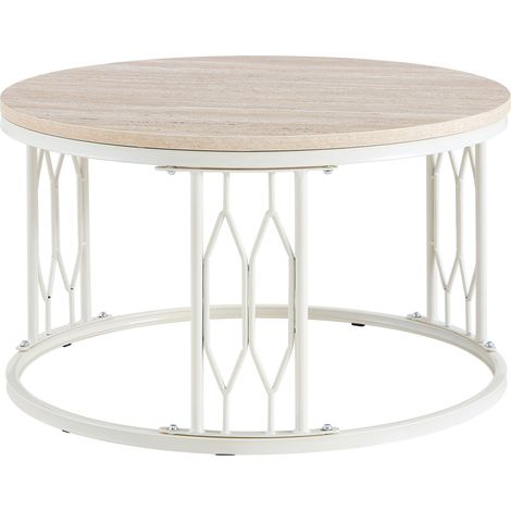 Table basse ronde avec plateau effet bois et structure métal géométrique, 70x40,5 cm (1/5)