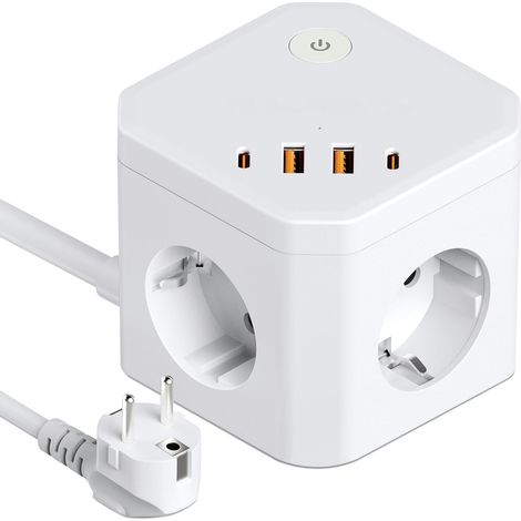 1 Multiprise Cube 8-en-1, 4 Prises AC, 4 Ports USB-C, Protection Surtension 3680W, Câble 2M, Bureau Maison