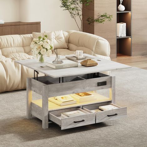 Table Basse Relevable Intelligente pour Salon, 4 en 1 Multifonction Moderne avec Tiroirs De Rangement, Table Basse en Bois Style Ferme, Taupe (1/5)