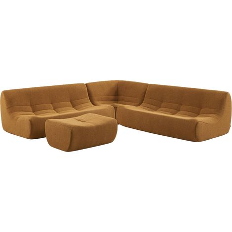 sweeek - Modulares Ecksofa für 7 Personen mit strukturiertem Bouclé-Bezug und Hocker, Strukturiertes  Bouclé, Senfgelb
