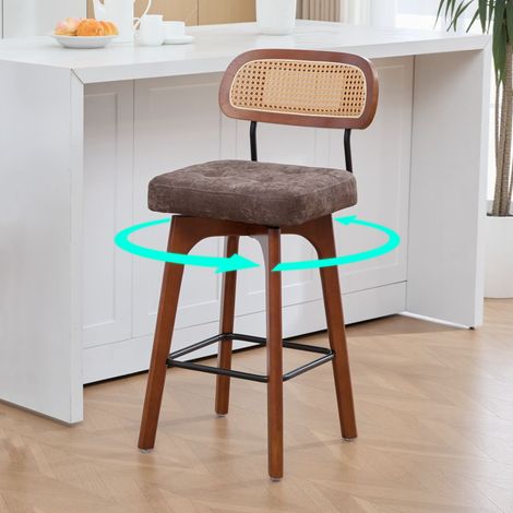 Set de 2 tabourets de bar pivotants 360°, tabourets cuisine et bar avec dossier, dossier en rotin et assise rembourrée, style mid-century moderne, pour cuisine, bar, îlot central et salle à manger, ma (1/5)
