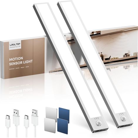 Lampe Placard sans Fil Rechargeable Cuisine sous Meuble 30cm 6500K 2200mAh Reglette LED Lumiere Armoire Dimmable avec Detecteur de Mouvement, Rechargeable, Fixation Magnétique, 2 Pack (1/5)