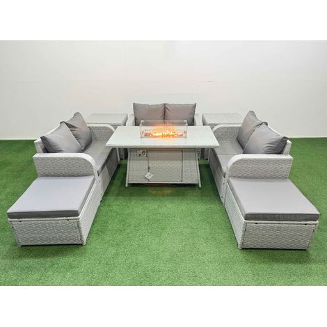 Fimous 8 Seater PE Wicker Rattan Furniture Sofa Sets with Firepit Dining Table 2 Seater Love Sofa 2 Big Footstool 2 Side Table Light Grey (1/4)