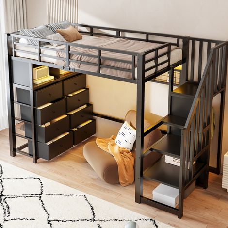 Litera 90x200 cm en metal negro con 8 cajones, escalera con almacenaje, LED y estantes (1/5)