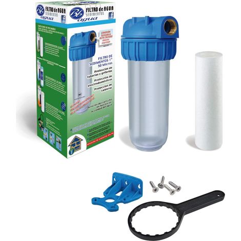 Filtre à sédiments 50 microns 10". Comprend une cartouche à sédiments de 50 microns, un support de filtre, un support de porte-filtre pour mur et une clé de support de filtre. (1/5)