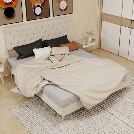 Letto matrimoniale 160x200cm stile elegante testiera alta facile montaggio tessuto e metallo beige (Senza materasso) (1/5)