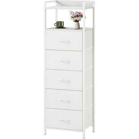 Commode Haute de Rangement avec 5 Tiroirs en Tissu, Blanc (1/5)