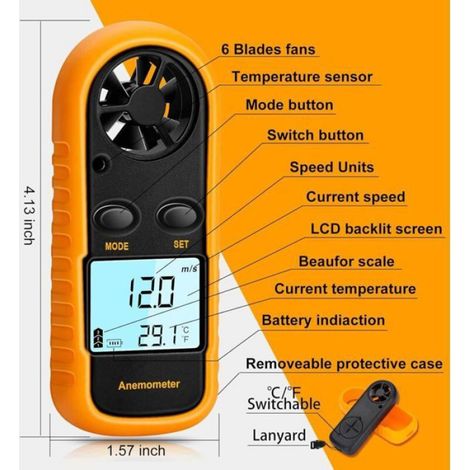 Anémomètre portable numérique léger, compteur vitesse vent température écran LCD, pour cerf-volant météo pêche surf (1/4)