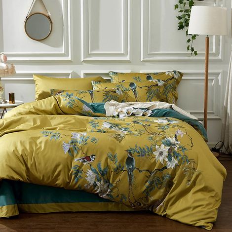 Parure de lit avec Housse de Couette à Fermeture éclair et 2 taies d'oreiller en Coton Doux, Motif Floral Jaune, Facile d'entretien, Douce et Durable (1/5)