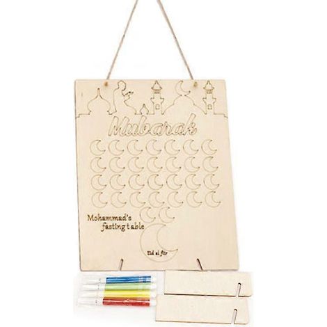 Selbstgemachter Ramadan-Kalender aus Holz mit Graffiti-Dekoration – Eid Mubarak (inkl. Stifte) – Muslimisches Feiertagszubehör (1/4)