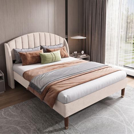 Cama doble 140x190 cm con somier de láminas - Cabecero acolchado de terciopelo tapizado - Estructura de cama moderna para dormitorio - Beige (1/5)