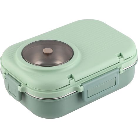 Portapranzo termico a doppio strato da 1100 ml, con 3 scomparti, in acciaio inox 304, completo di bacchette, cucchiaio e ciotola verde per zuppa. (1/5)