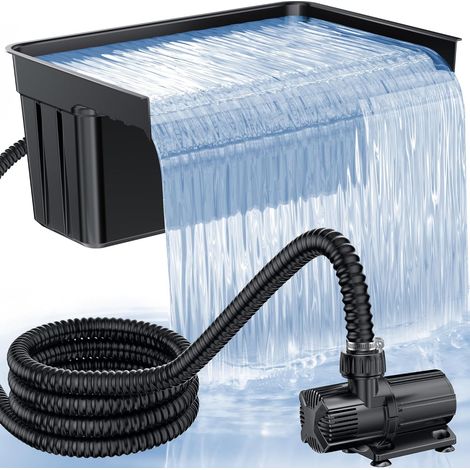 Cascade de bassin avec pompe DC 63W 6000 L/H, tuyau ondulé 3 m, médias filtrants, déversoir 60 cm pour grands plans d’eau et bassins de jardin extérieurs