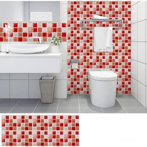 10pcs Crédence Cuisine Mosaïque Rouge Autocollants Carrelage Cuisine Et Salle De Bain, Adhesif Pour Carrelage Mural, Imitation Faience,Décoration Murale Pvc Imperméable 10X10Cm (1/2)