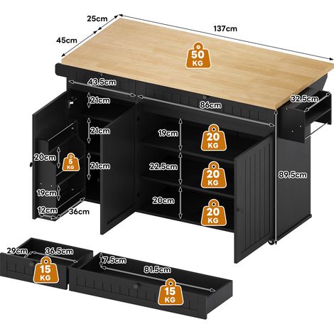 Îlot de cuisine avec plan de travail rabattable, meuble de cuisine sur 6 roulettes freinables, avec étagère, rangement de porte, 2 grands tiroirs et placard, Noir, 137 x 89,5 x 45 cm (1/5)