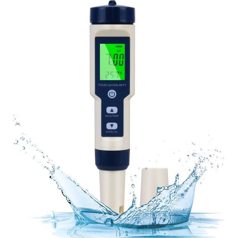 pH-mètre électronique 5-en-1 – Teste pH/TDS/EC/Température/Salinité – Écran LCD rétro-éclairé – Étanchéité IP67 pour aquariums/piscines - 5-en-1Testeur (1/5)