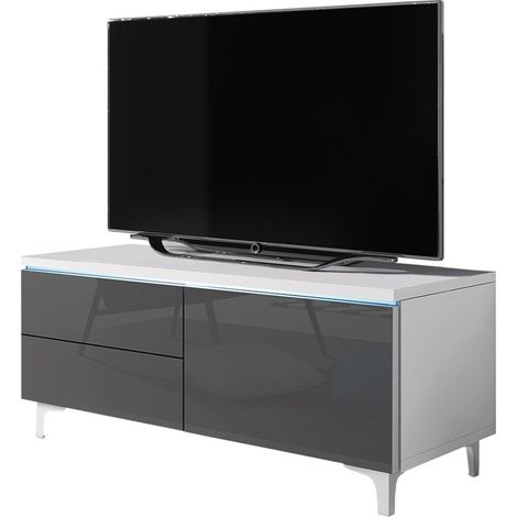 Meuble TV Uva IV, Blanc + Gris brillant, Le nombre de portes: 1, Nombre de tiroirs: 2, 100x43x45cm, LED: Disponible