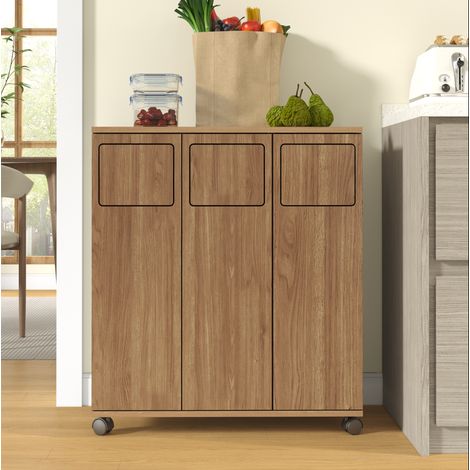 Meuble poubelle tri sélectif 69,3x35x80,3 cm en MDF naturel, avec rangement, pour cuisine FloraGrace (1/5)