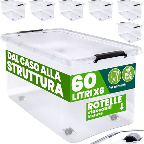DEUBA® Scatola in plastica Contenitore con Coperchio Impilabile Trasparente Ruote Chiusura a Scatto Salvaspazio Senza BPA 60L/30L 6x 60L (de)
